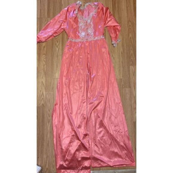 Vintage TEXSHEEN Lingerie Long Pink Chiffon Lace Lounge Gown & Robe Peignoir - Picture 4 of 11